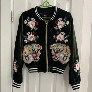 Velvet tiger embroidered bomber; size L